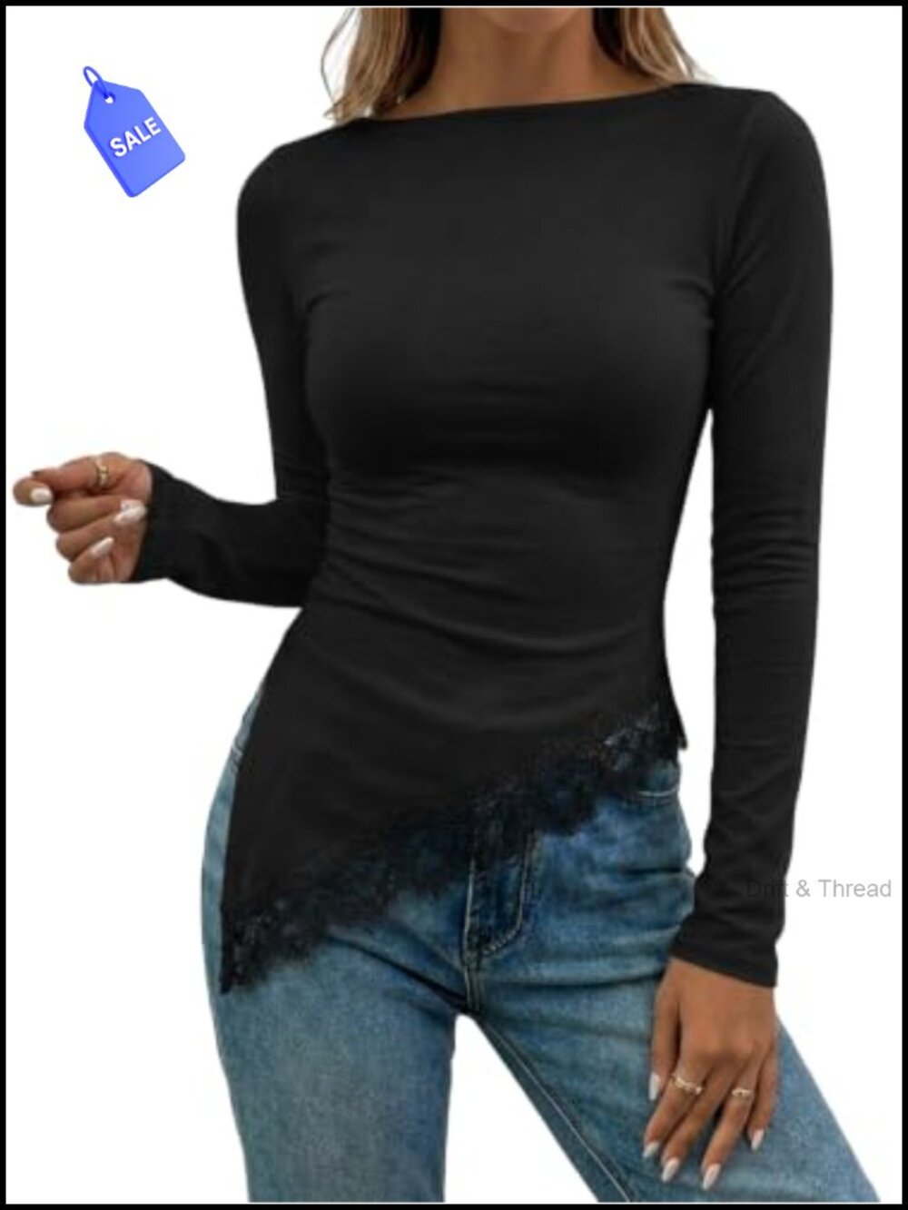 Women's Boat Neck Long Sleeve Lace Trim Slim Fit Top